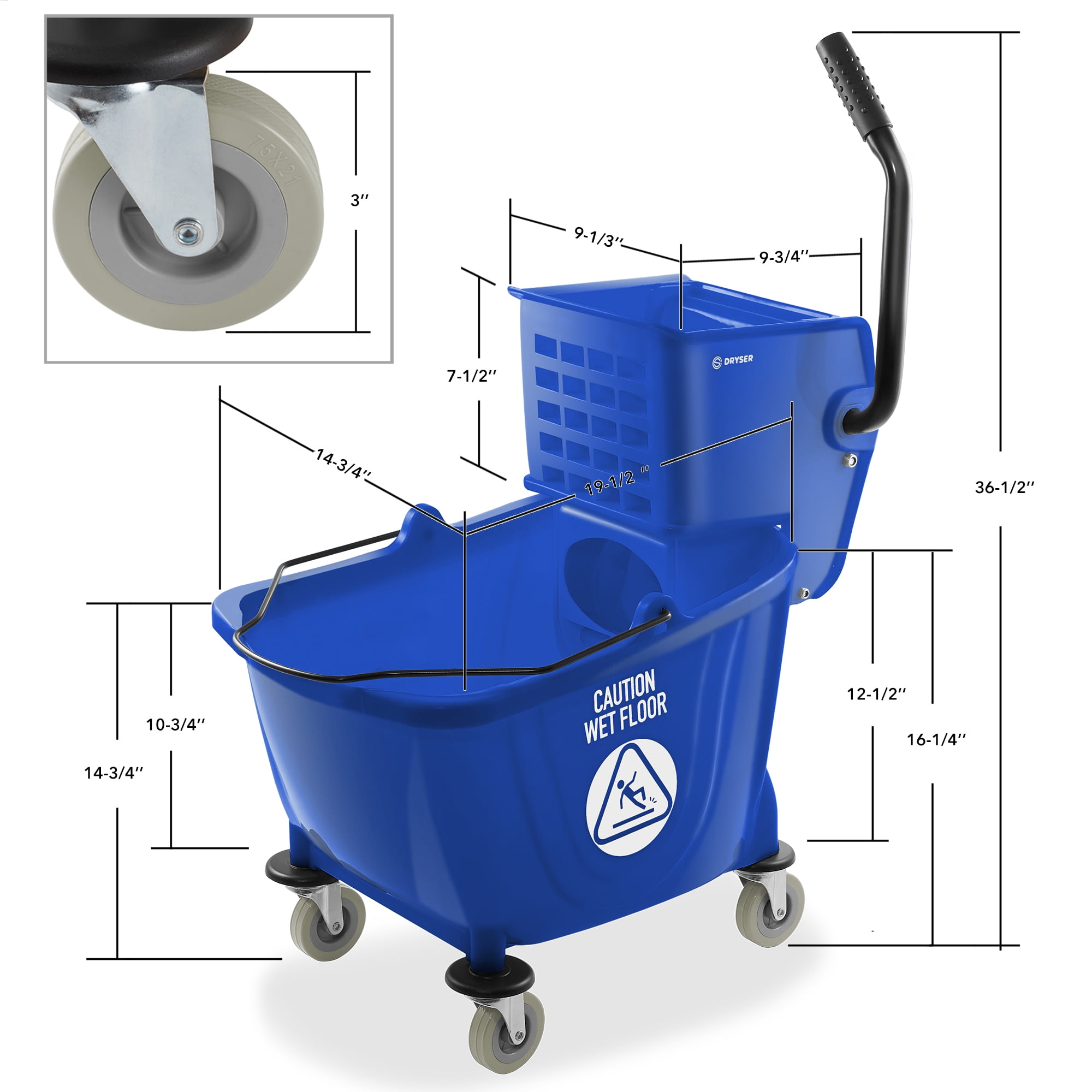 Dryser Commercial Mop Bucket with Side Press Wringer, 33 Quart, Blue