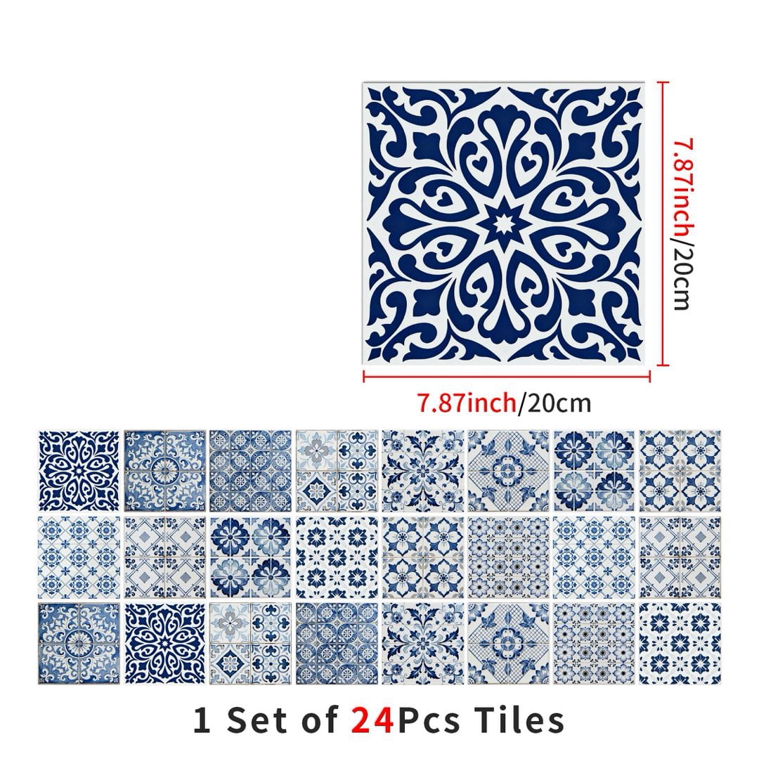24Piece Self Adhesive Tile Sticker Peel and Stick Backsplash 7.87" x 7.87" DIY Decor Blue Gray Flowers Wall Stickers Waterproof Vinyl Decals