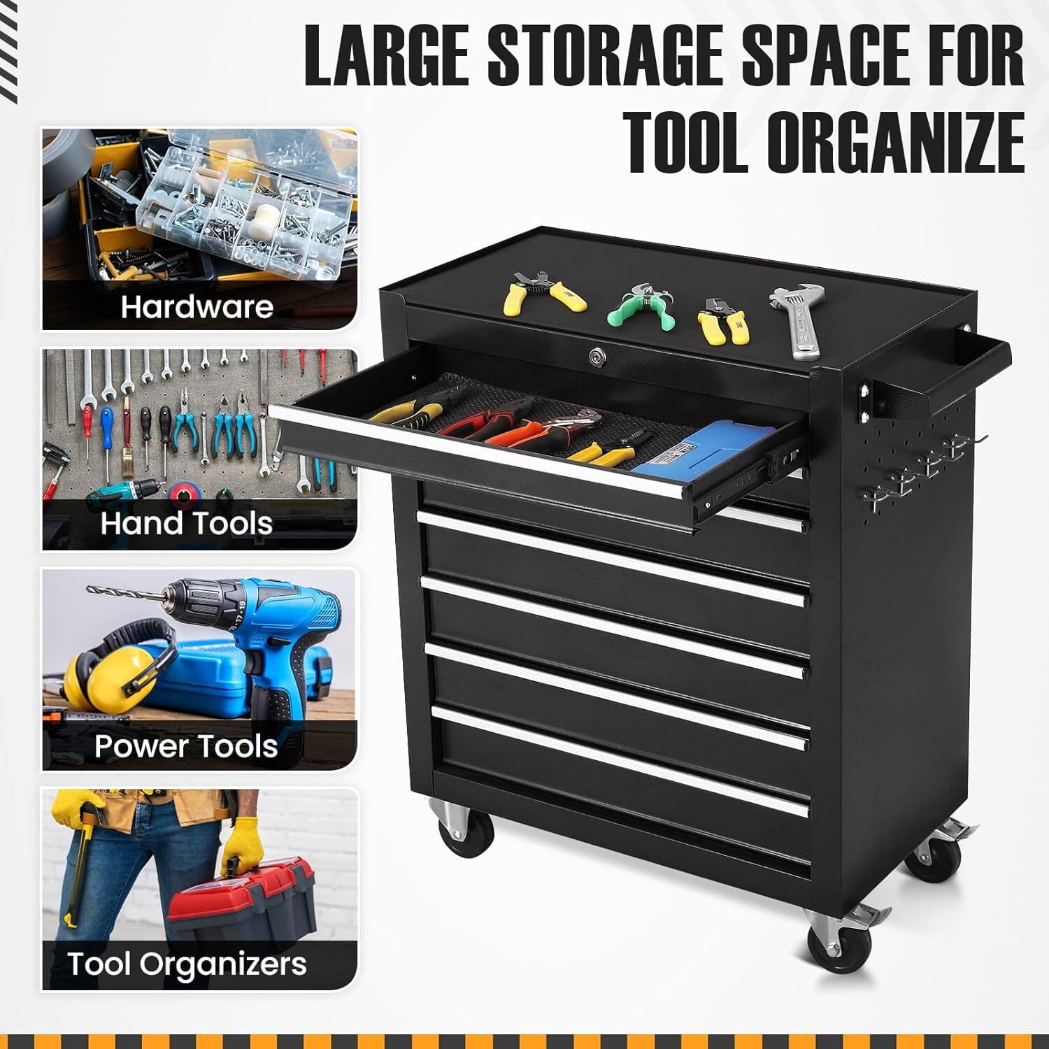 Garvee Tool Chest with 7 Drawer, 24" Tool Storage Cabinet with Wheels & Locking System, Heavy Duty Toolbox for Garage, Warehouse, Workshop, Black