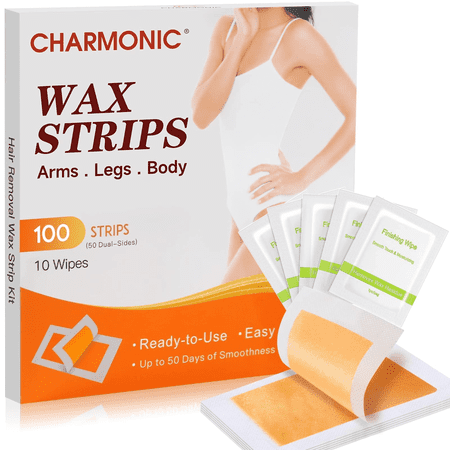 Charmonic 100pcs Wax Strips for Hair Removal, All-Over Body Wax Hair Removal Kit for Women & Men with 10 After-Wax Wipes