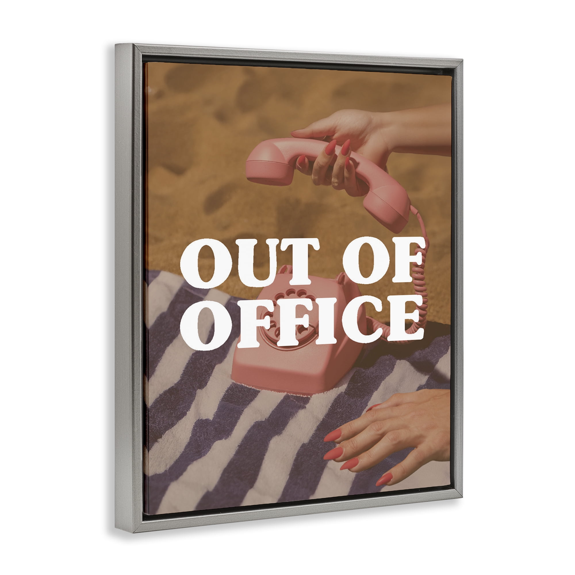 Out of Office Pink Phone Gray Framed Floater Canvas Wall Art, design by Lil' Rue
