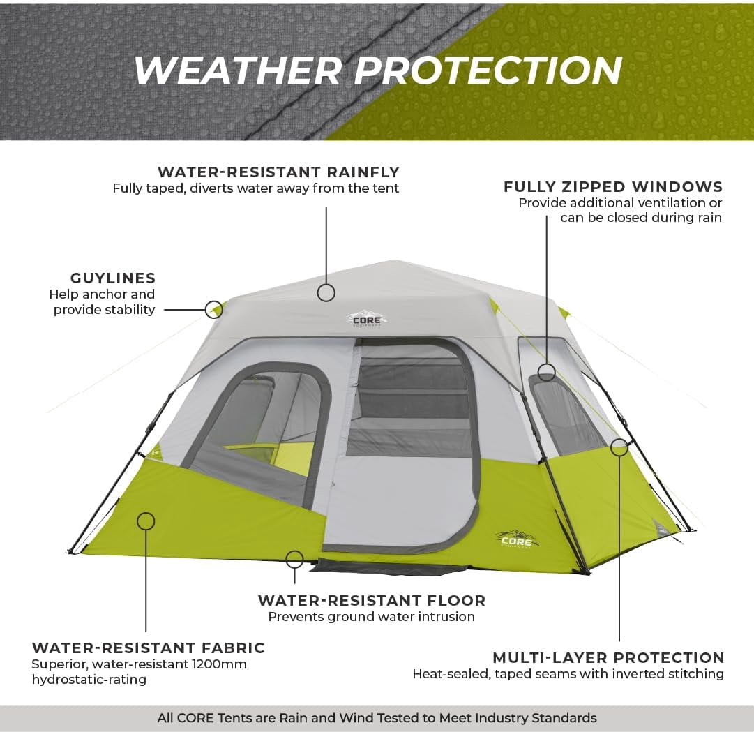 CORE 11' x 9' 6 Person Instant Cabin Camping Tent, 23lbs, Light Gray