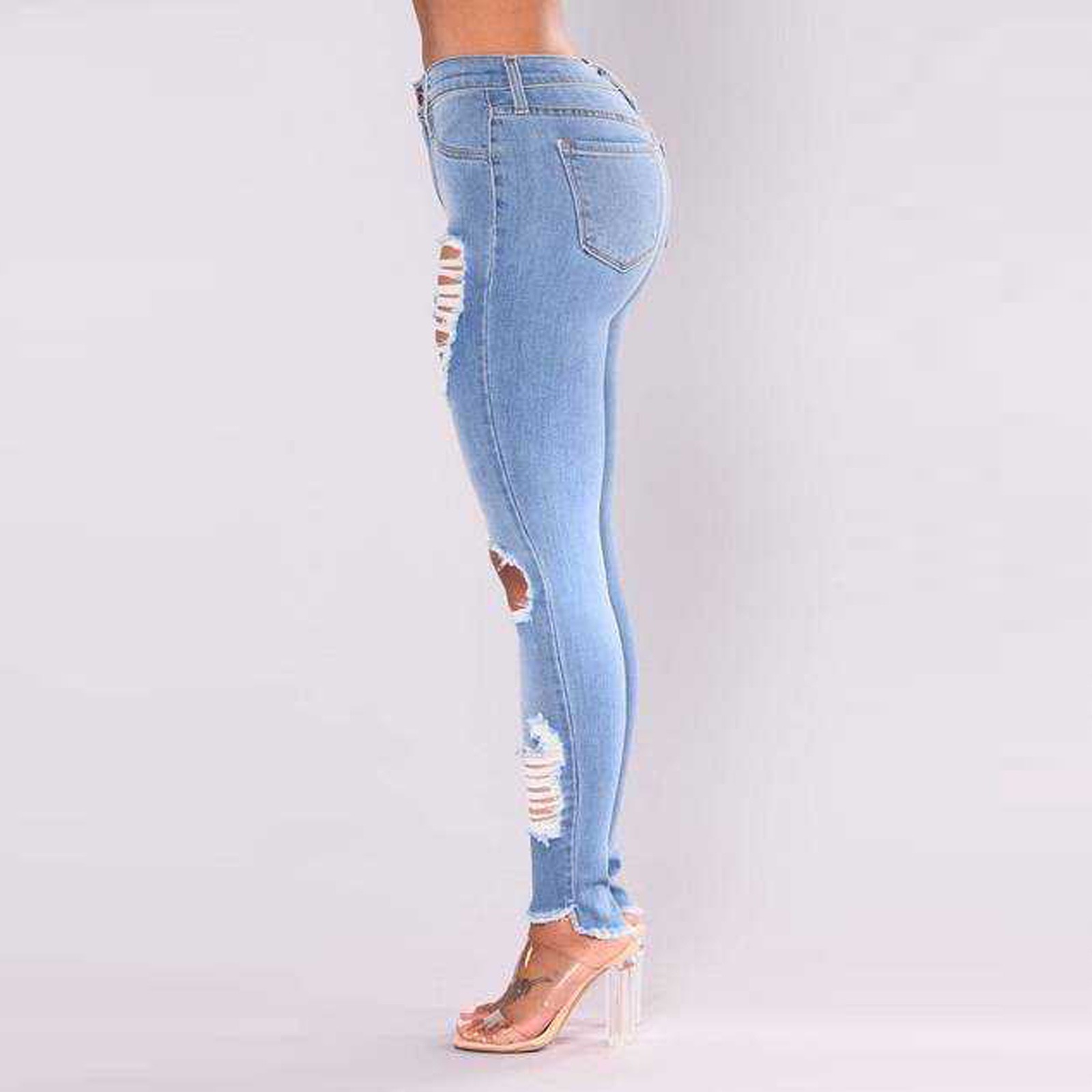 Jeans Donna Tulucky Boyfriend Fit Strappati, Vita Media Elasticizzata, Blu Denim, Taglia M