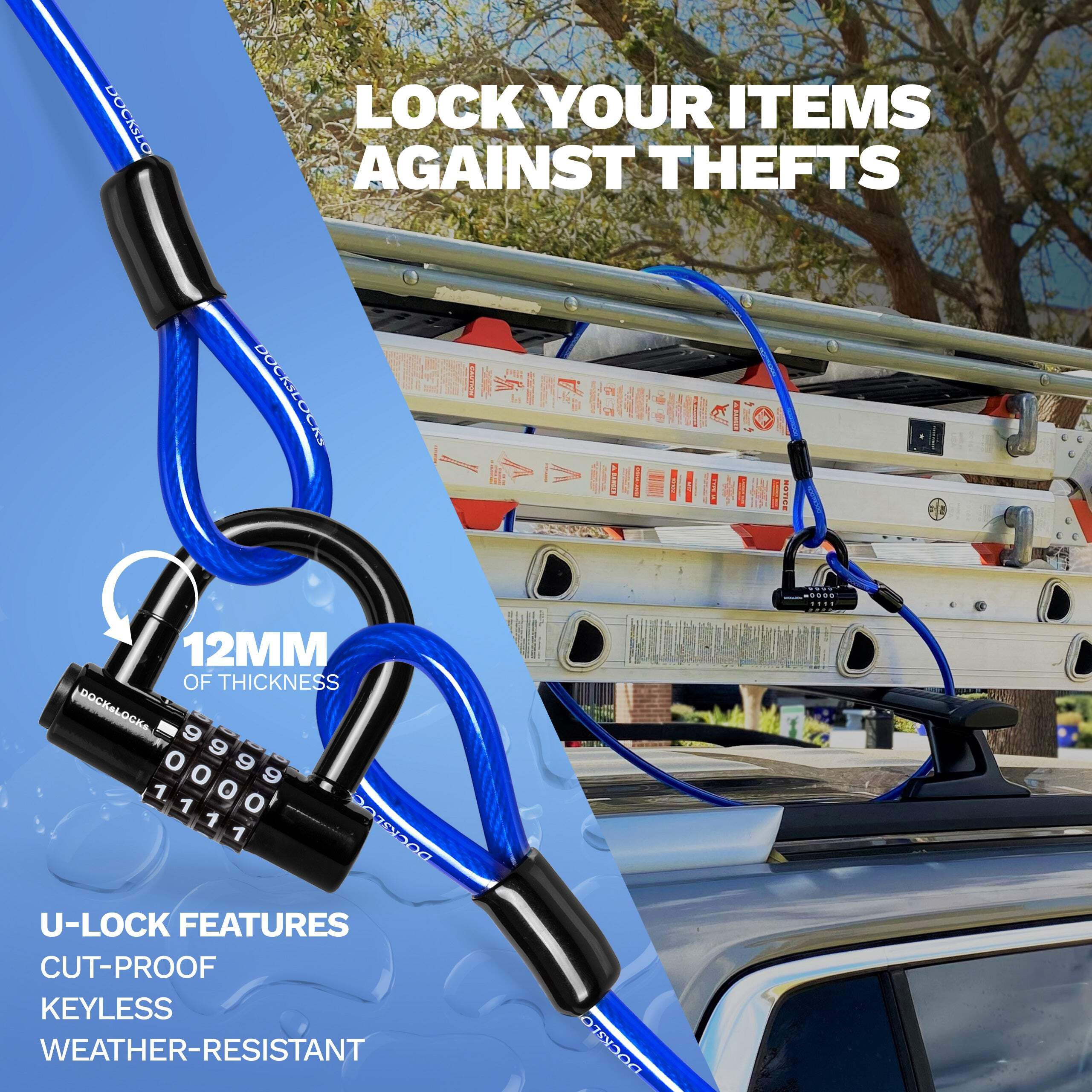 DocksLocks 10ft Weatherproof Straight Security Cable with U-Lock - Anti-Theft, Heavy Duty, Durable Outdoor Security for Kayaks, Bikes, Scooters - 1.8 lbs