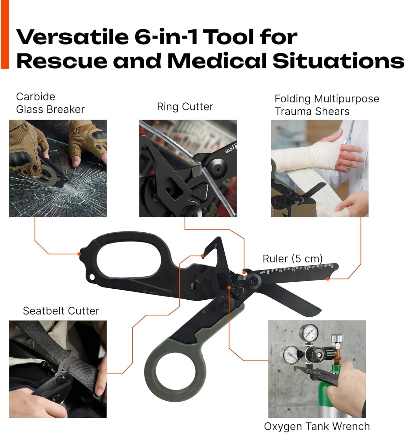 Trauma Shears Foldable Tactical Scissors - 6-in-1 Heavy Duty Emergency Response Folding Shear