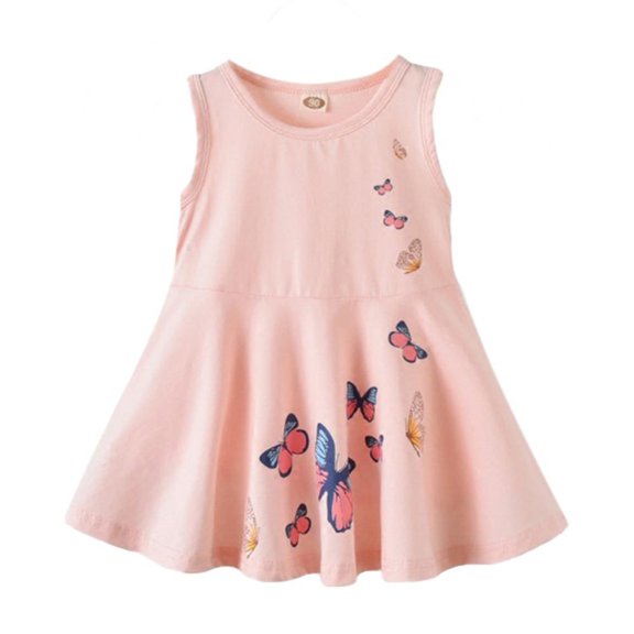 Baby Girls Dress Sleeveless Butterfly Casual Beach Party Dresses,,Cute Pleated Skirt for Little Girls 2-6 Years Special Occasion Dress Round Neck Cotton Skater Dress,Pink