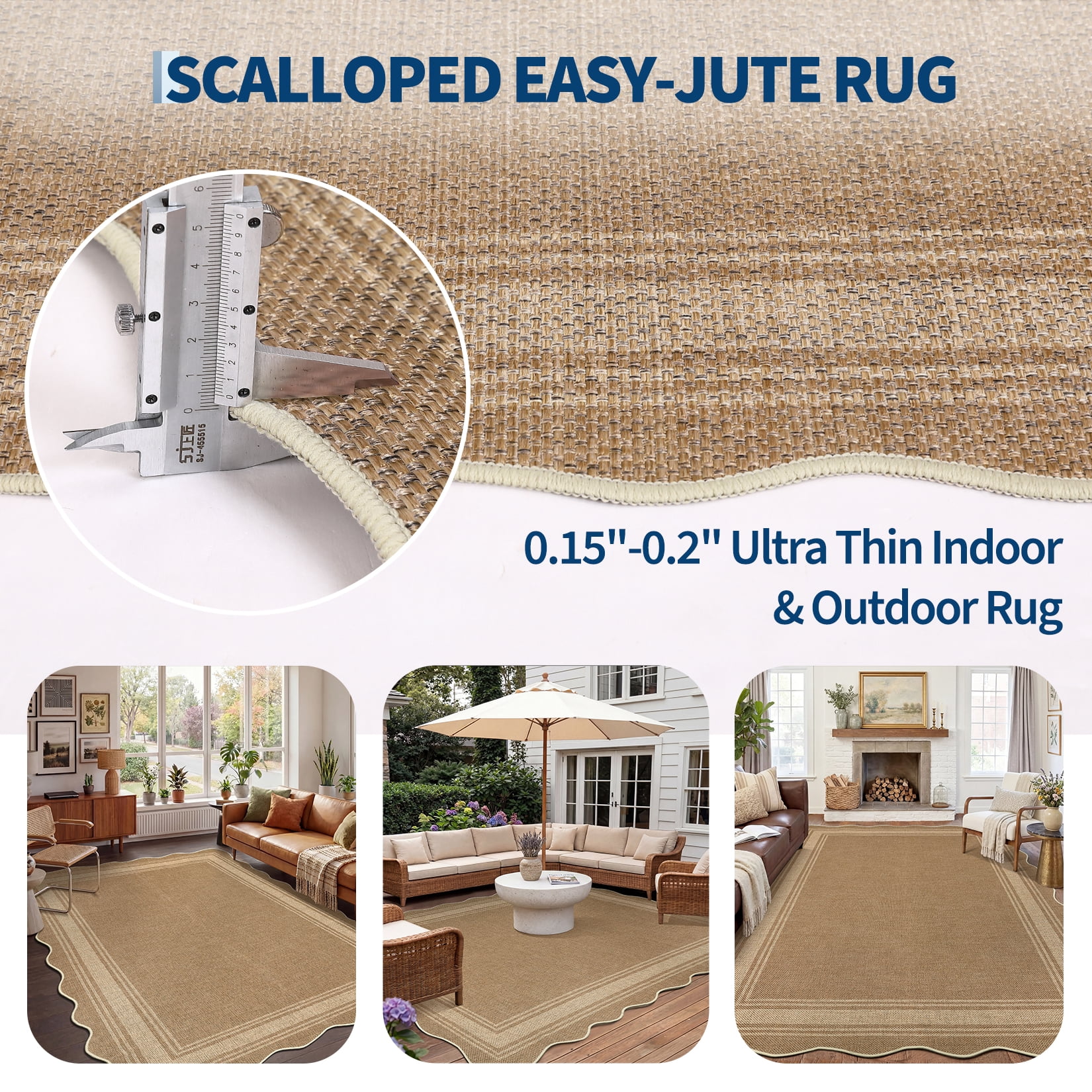 HIWEAVER Yellow 2' x 6' Easy Jute Runner for Kitchen Non Slip Stain Resistant Scalloped Indoor Outdoor Throw Carpet Non Shedding Modern Geometric Mat for Hallway Outdoor Patio Rug