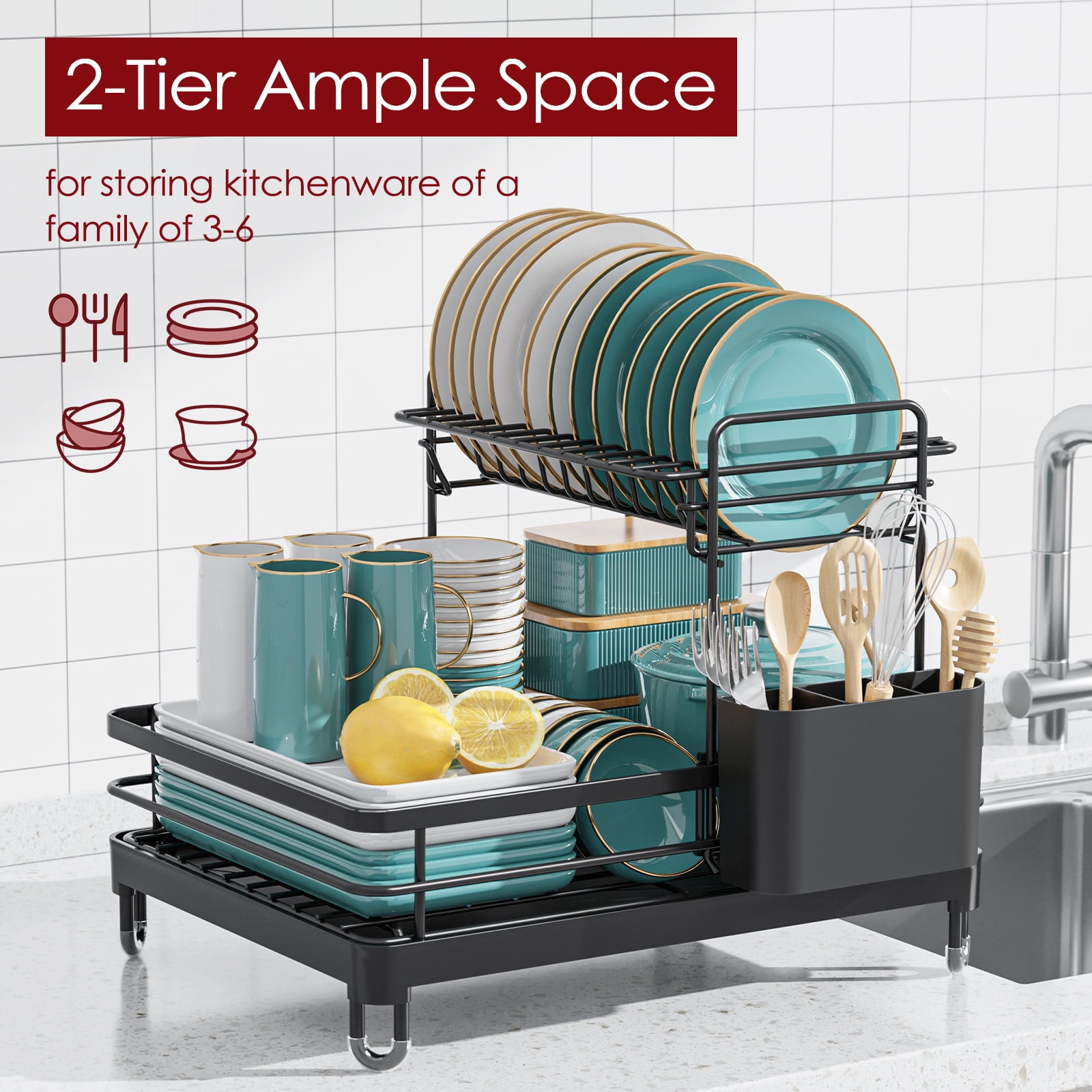 Sakugi Dish Drying Rack, X-Large Stainless Steel Dish Rack for Kitchen Counter, 2-Tier Kitchen Storage, Black