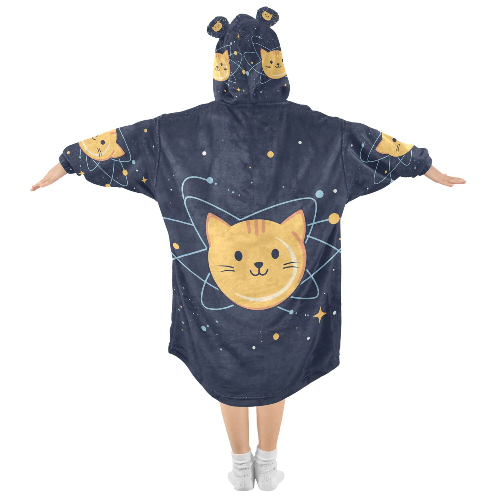 FORMRS Wearable Blanket Hoodie with Sleeves for Kids Cozy Flannel Sweatshirt, Orange Cat Planet