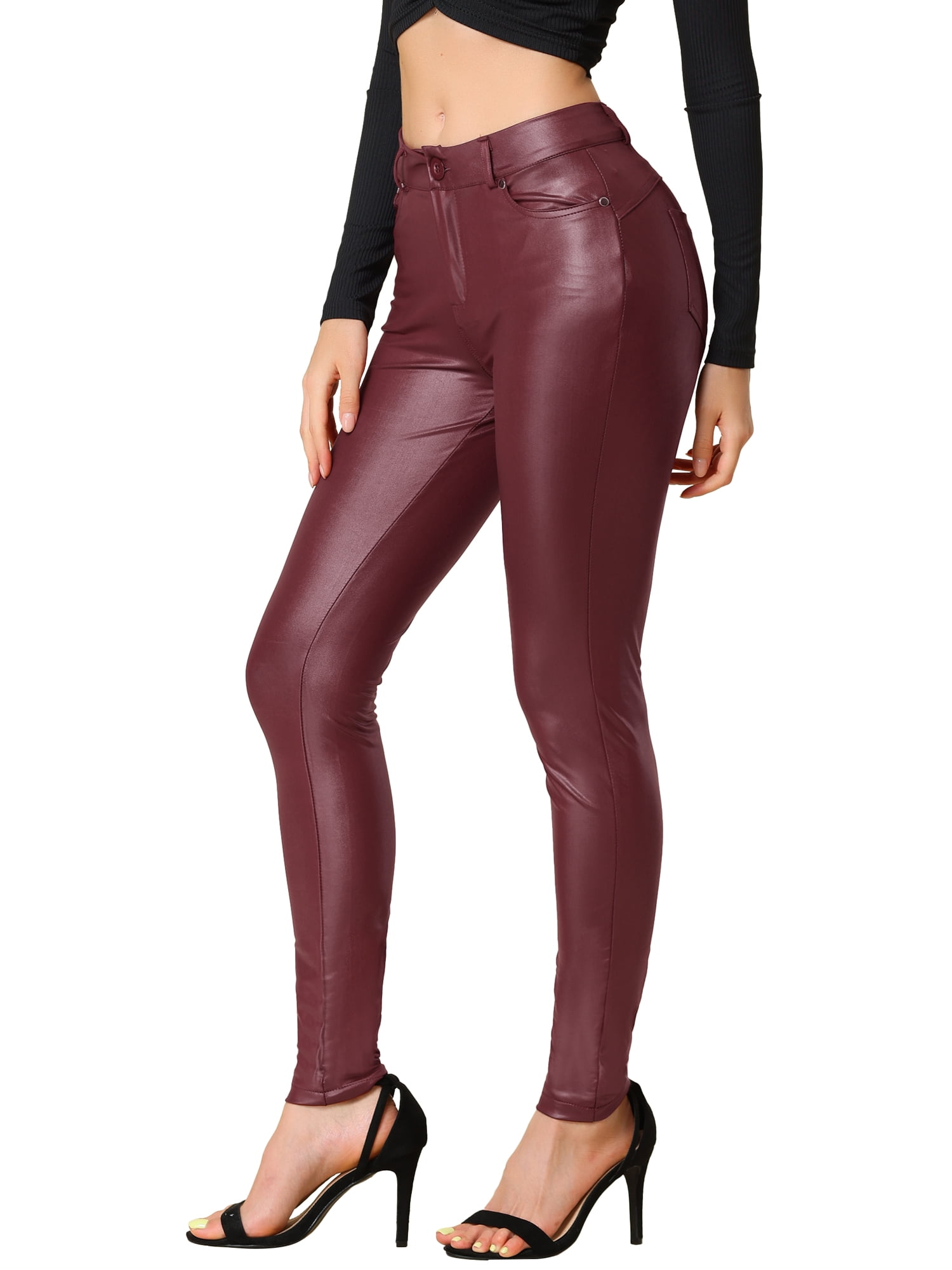 INSPIRE CHIC Women's Faux Leather Skinny High Waisted Pants XS Burgundy