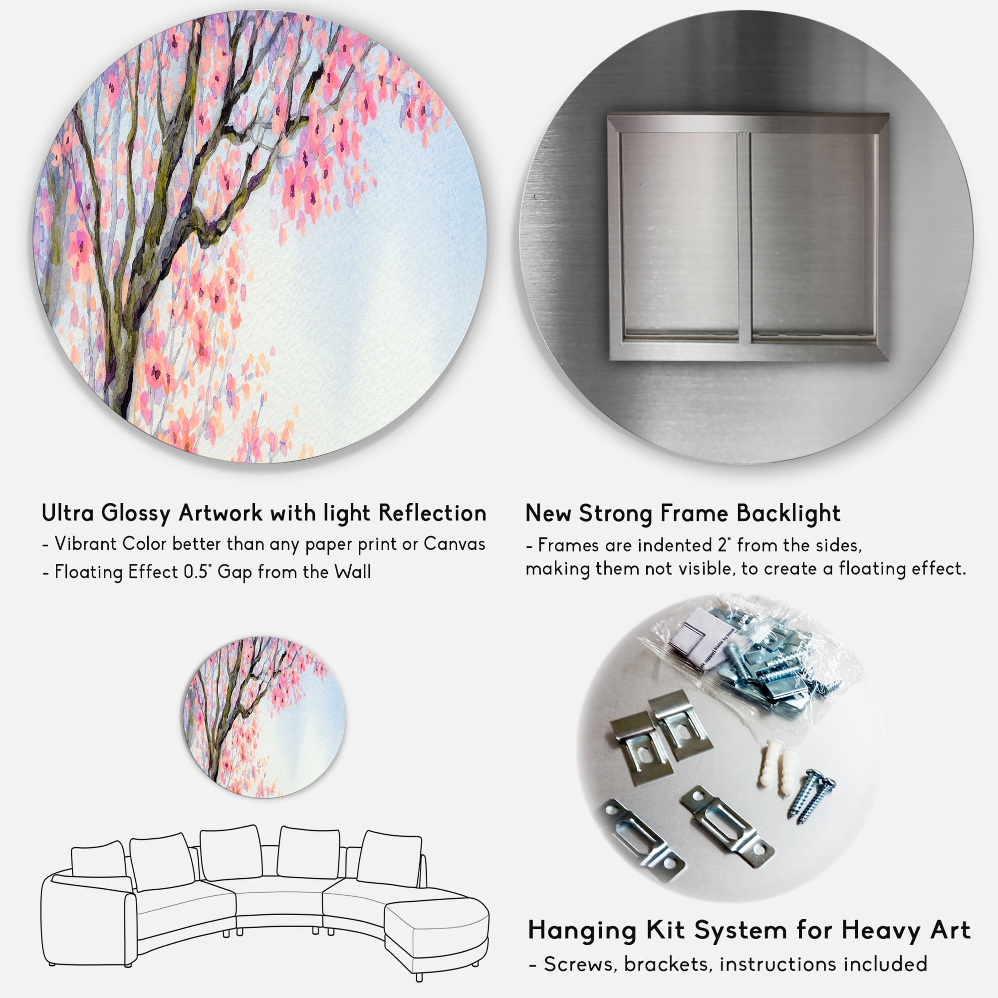 Designart 'Beautiful Pink Bird Sitting On Flowering Branch' Traditional Circle Metal Wall Art 23x23 - Disc of 23