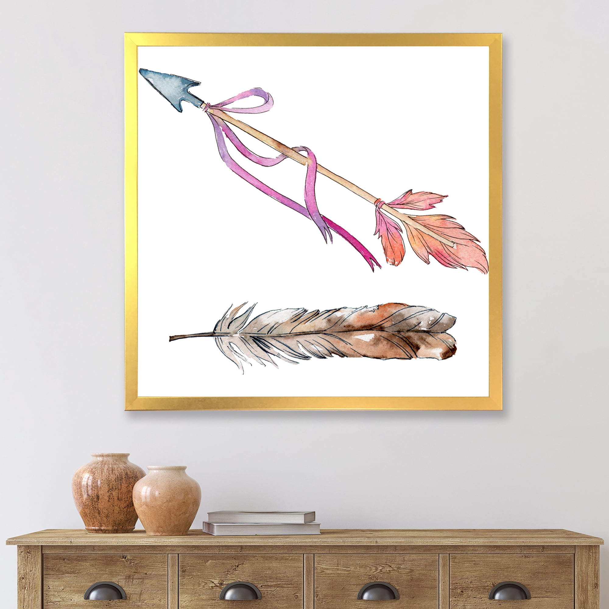 Designart 'Pink Bird Feather From Wing on Arrow' Bohemian & Eclectic Framed Art Print