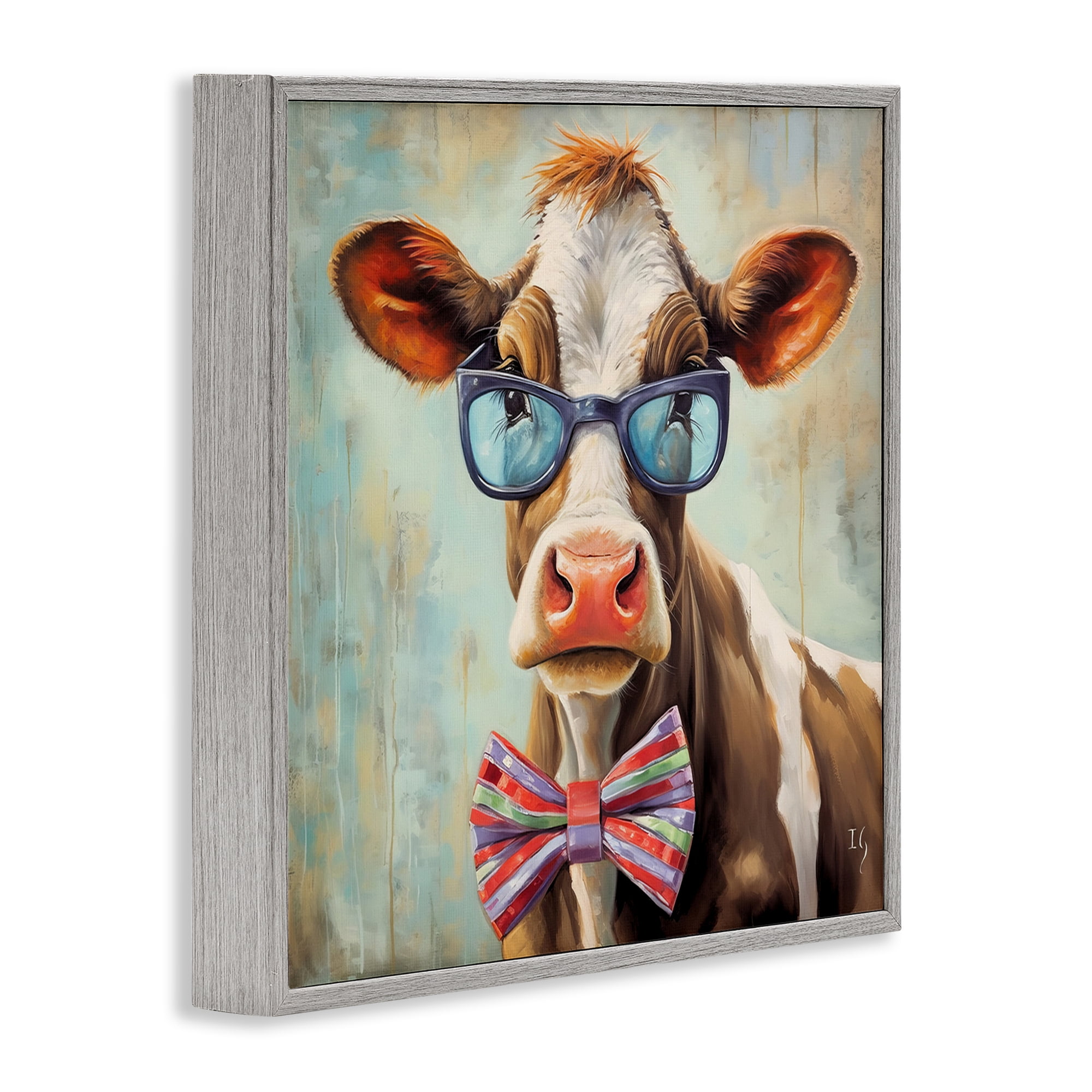 Stupell Industries Hipster Cow with Bowtie Animals & Insects Painting Gray Framed Art Print Wall Art, 17 x 17