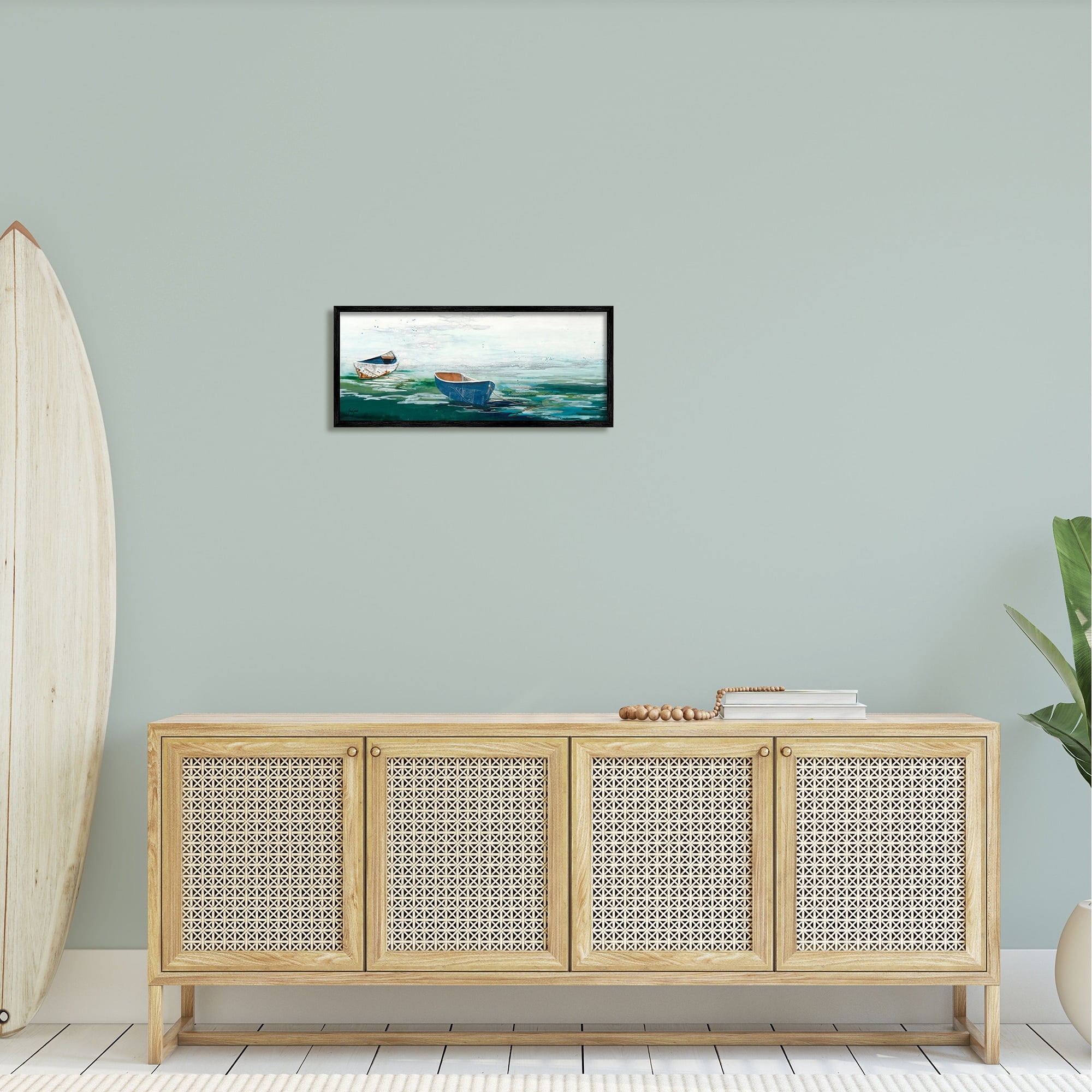 Stupell Industries Panoramic Ocean Waves Two Drifting Rowboats Scene Painting Black Framed Art Print Wall Art, Design by Stacy Gresell