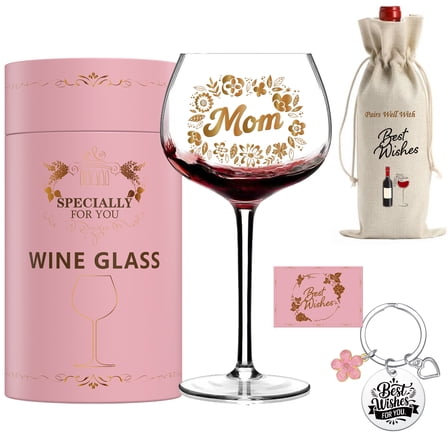 GALOFAY Wine Glasses Gifts for Mom, Personalized Art Words Red Wine Glass Set, Pink Gift Package with Goblet, Wine Bag, Key Chain, and Card for Birthday Woman's Day