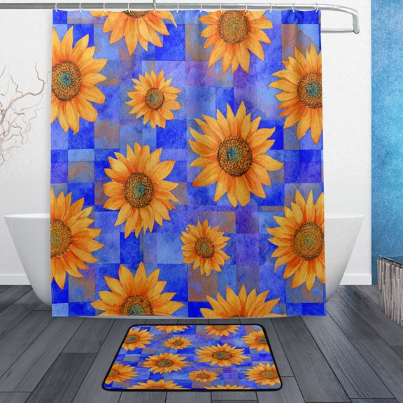 TTYFWHD 60" x 72" Shower Curtain and Bath Mat Set Digital Painting Of Cute Sunflowers Waterproof Bathroom Curtain with 12 Hooks, Bathroom Decor Set