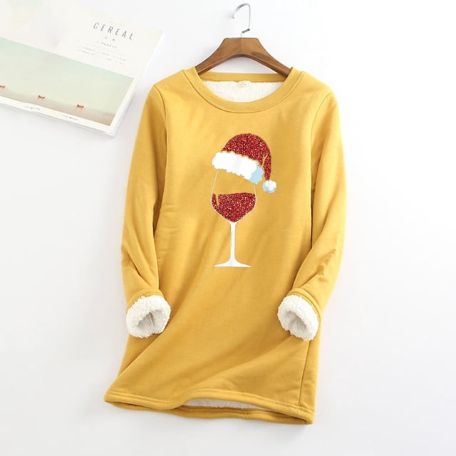 Tenues d'Hiver pour Femmes et Mode Décontractée d'Hiver, sous-Couche Chaude en Peluche, Imprimé de Noël, Manches Longues, Col Rond, Hauts à Capuche pour Femmes en Liquidation