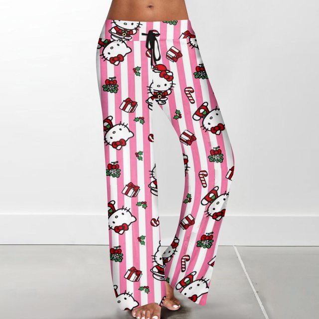 Kawaii Pajamas for Women Girls Cartoon Cat All Over Print Flannel Christmas Halloween Anime Soft Sleep Pajamas Pants