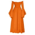thumbnail image 5 of KICILVS Womens Halloween Costumes Plain Long Bell Sleeve Ruffle Trim Neck Drawstring Waist Flowy Maxi Party Dress Orange, 5 of 6