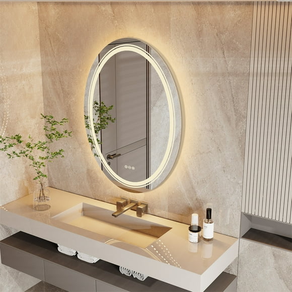 Wisfor LED Lighted Bathroom Mirror: 600x800mm Oval Makeup Mirror with Dimmable LED Light Anti-Fog Smart Touch Sensor Memory Function Wall Vanity Shaving Mirror, Backlit + Front Lighted