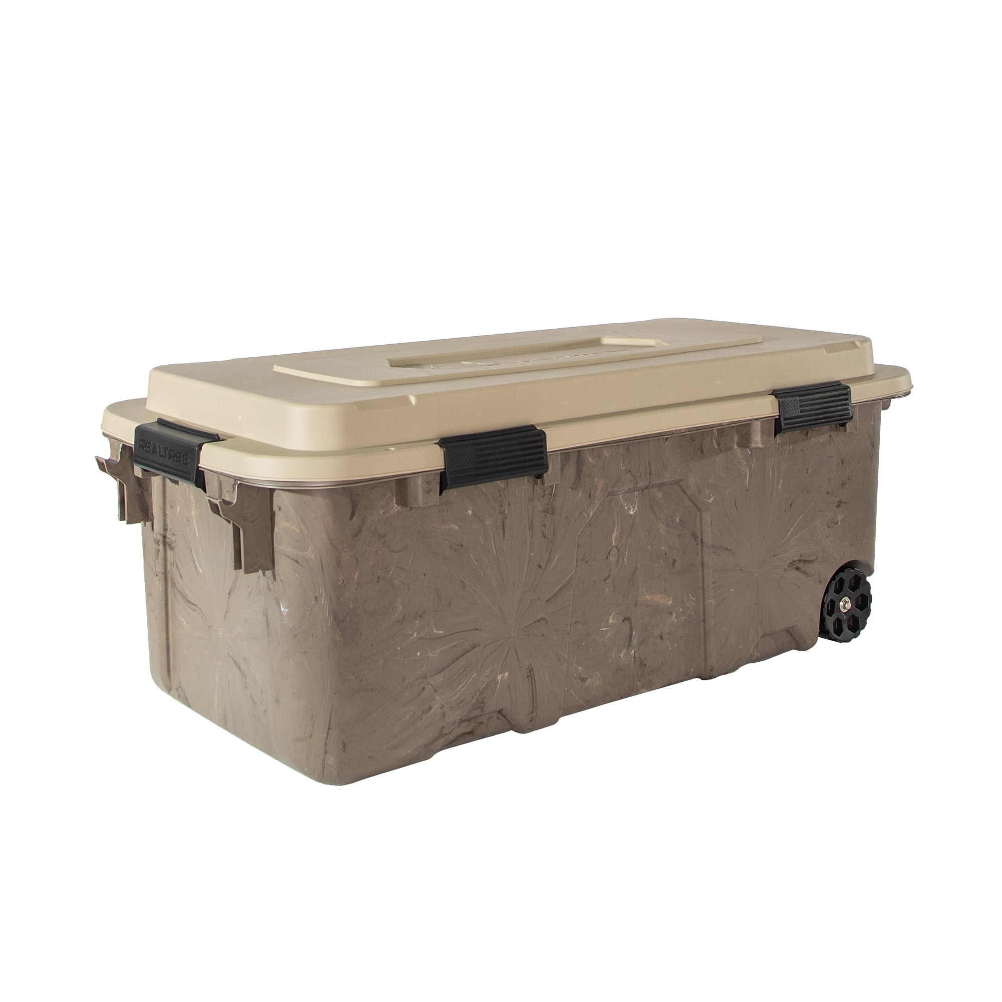 Realtree® WEATHERMAX™ 31 Gallon Marbled and Tan Wheeled Storage Tote with Latching Lid, Heavy Duty Plastic Storage Bin