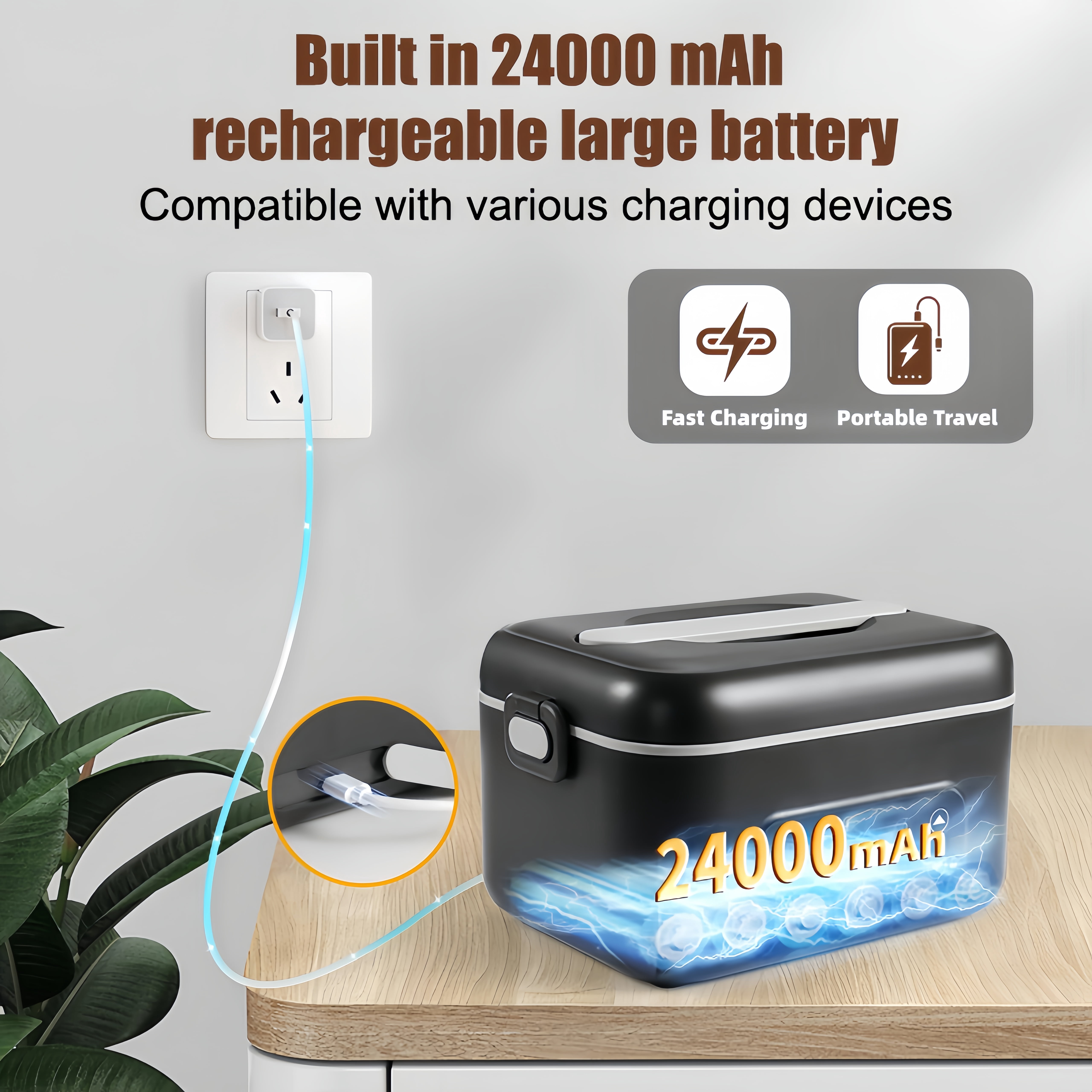 NPPNVV Advanced Cordless Heated Lunch Box for Adults, 5.5-Cup 100W Electric Lunch Box with 360° Surround Rapid Heating, 24000mAh Portable Food Warmer with Timer, LCD Display for Office, Car & Outdoor