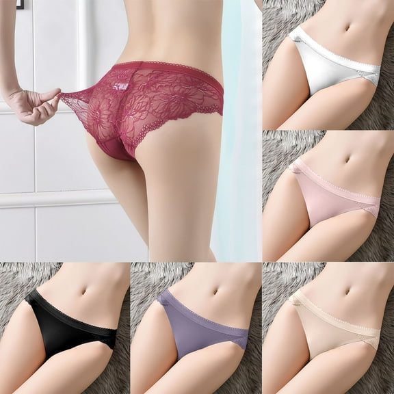 Agkizg Plus Size Womens Panties,Breathable Underwear for Ladies' Mid To High Waisted Ice Silk Seamless Peach Hip Lace Romantic Lightweight Breathable Thong Underwear