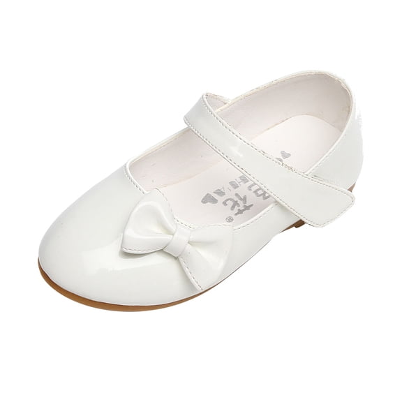 GiLiling Girls Flats Dress Shoes, Mary Jane Ballet Flats with Bow, Closed-Toe Patent PU Leather Flat Heel Princess Footwear for Party Wedding and Daily Formal Occasions (White, 6-7 Years)