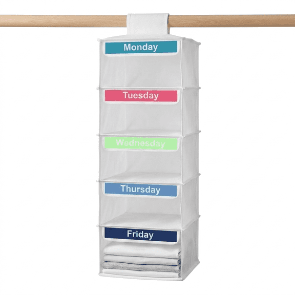 FVKRNYZ 5 Tier Weekly Clothes Organizer for Kids 32.7” Polyester Weekly Shelf Hanging Closet Organizer for Hats T-Shirts Bags Towels