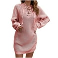 thumbnail image 1 of Robe en Tricot à Manches Longues et Col en V pour Femmes, Extensible, Élastique, à Lacets, Décontractée, Ample, Mini Robe Chandail, 1 of 7
