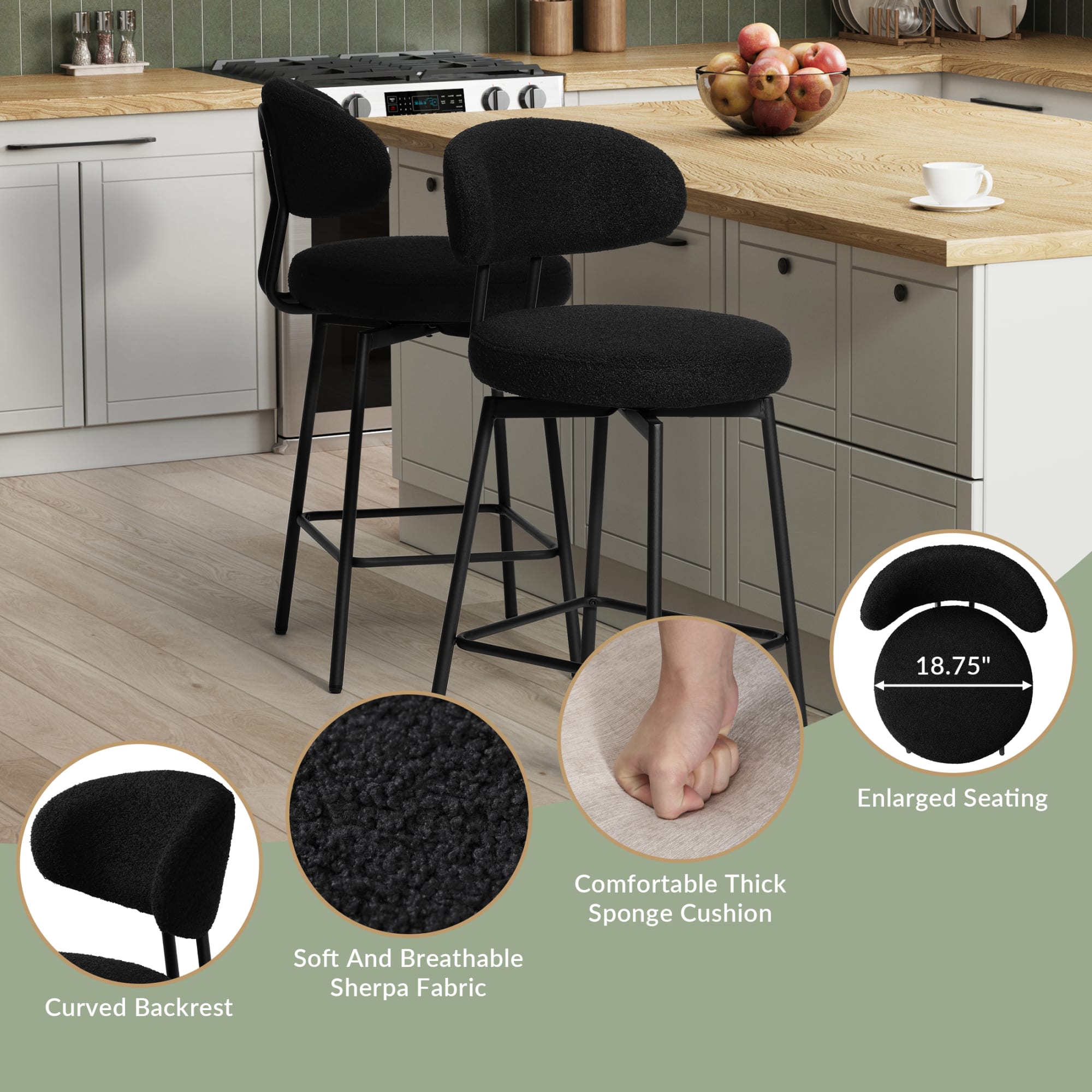 WestinTrends Alexandria Modern Upholstered Sherpa Fabric Counter Height Bar Stools with Back (Set of 2), Black