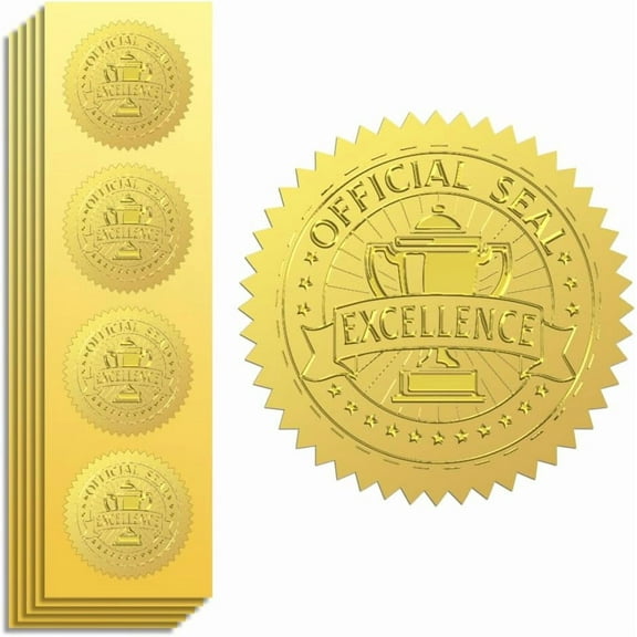 Gold Foil Stickers Seals Embossed Official Seal Excellence 2 Inch 100Pcs Self Adhesive Gold Around Embossing Medal Sticker for Certificate Paper Student Reward Award Envelope Seal