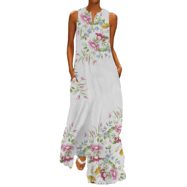 Gibobby Vestido largo para mujer Vestido maxi floral sin mangas con cuello en V de verano para mujer(Amarillo,G)