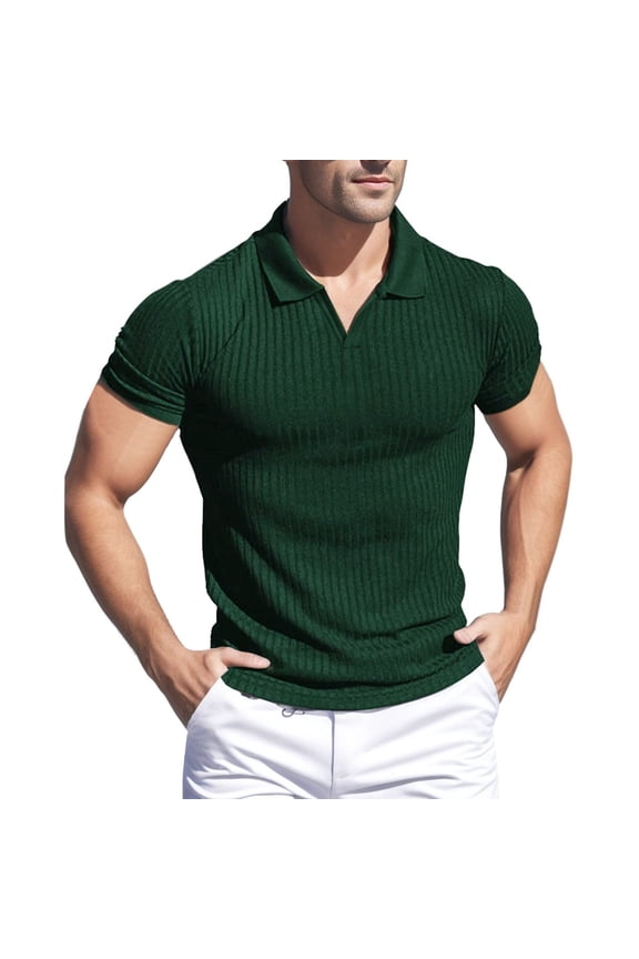 Men's Spring and Summer Loose Lapel Striped Strip Solid Color Short Sleeve T Shirt Top,S