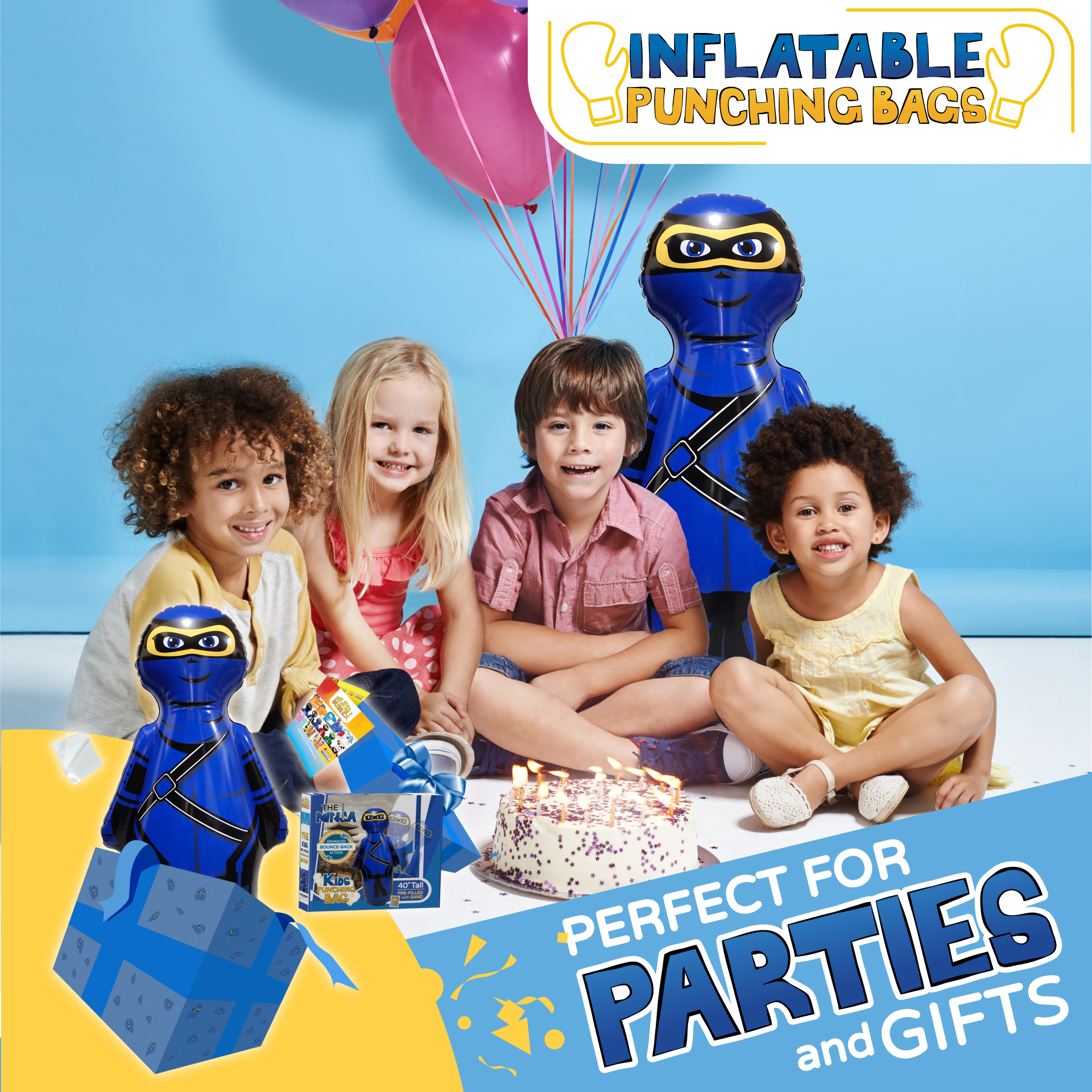 INFLATABLE DUDES Small Blue Ninja 40 Inches -Kids Punching Bag | Filled with Sand