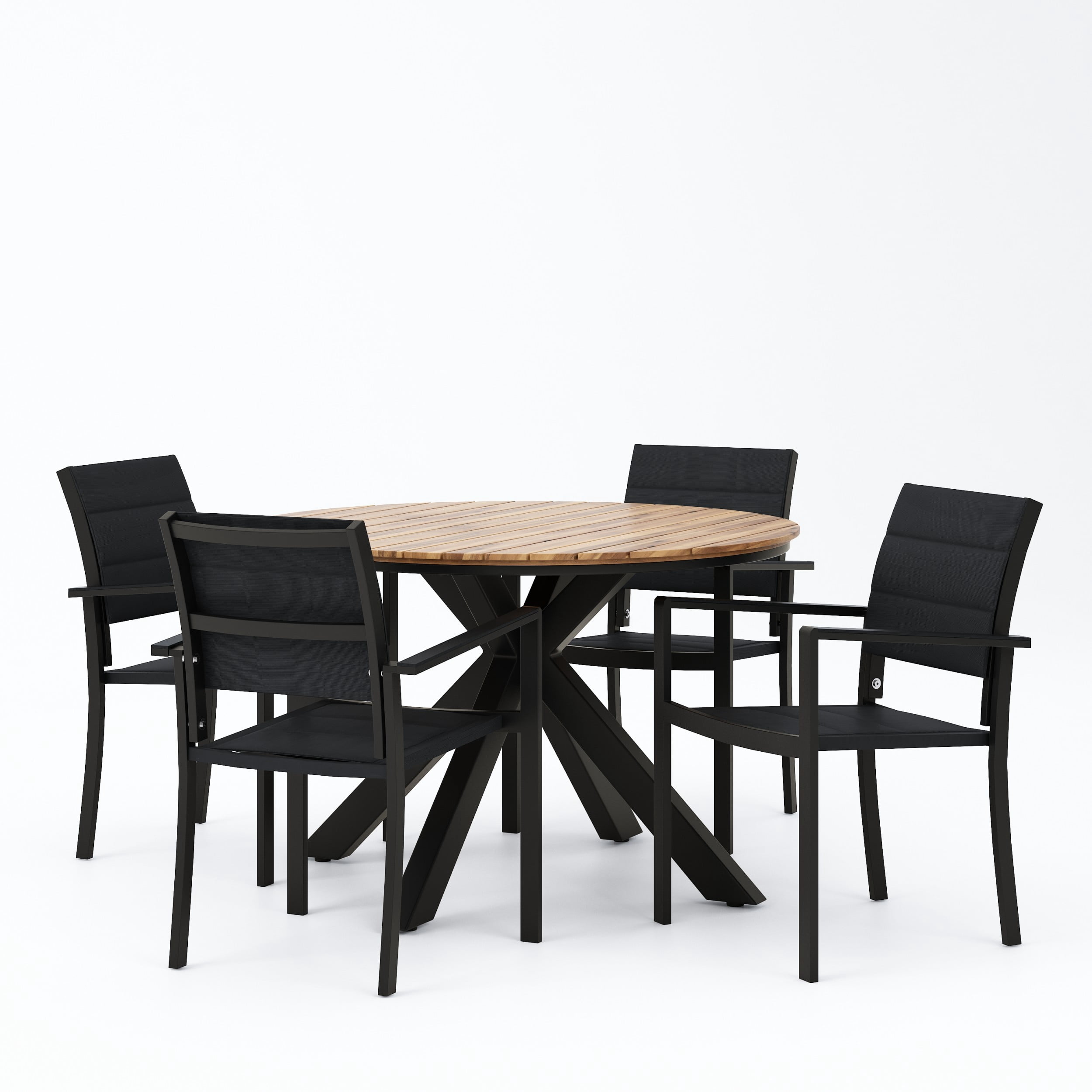 Satterlee Mesh and Acacia Outdoor Wood 5 Piece Dining Set, Black and Teak