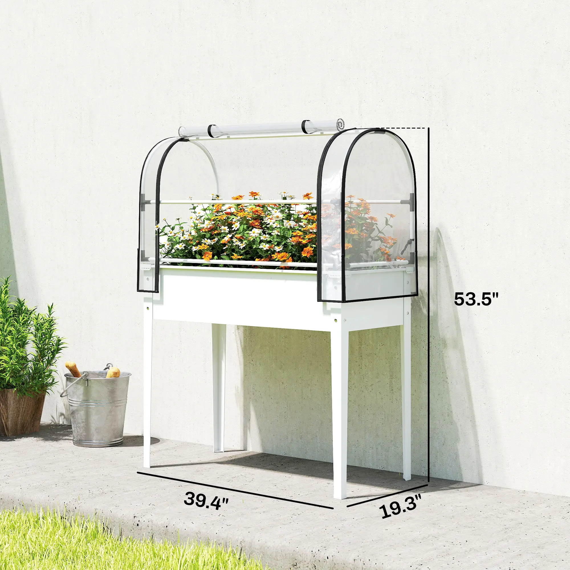 2-in-1 Raised Garden Bed with Mini Greenhouse Cover, Elevated Planter Box with Flip-Up Zippered Door, 0.6mm Rustproof Metal, Drainage Hole, 176 Lbs Capacity for Outdoor Plants