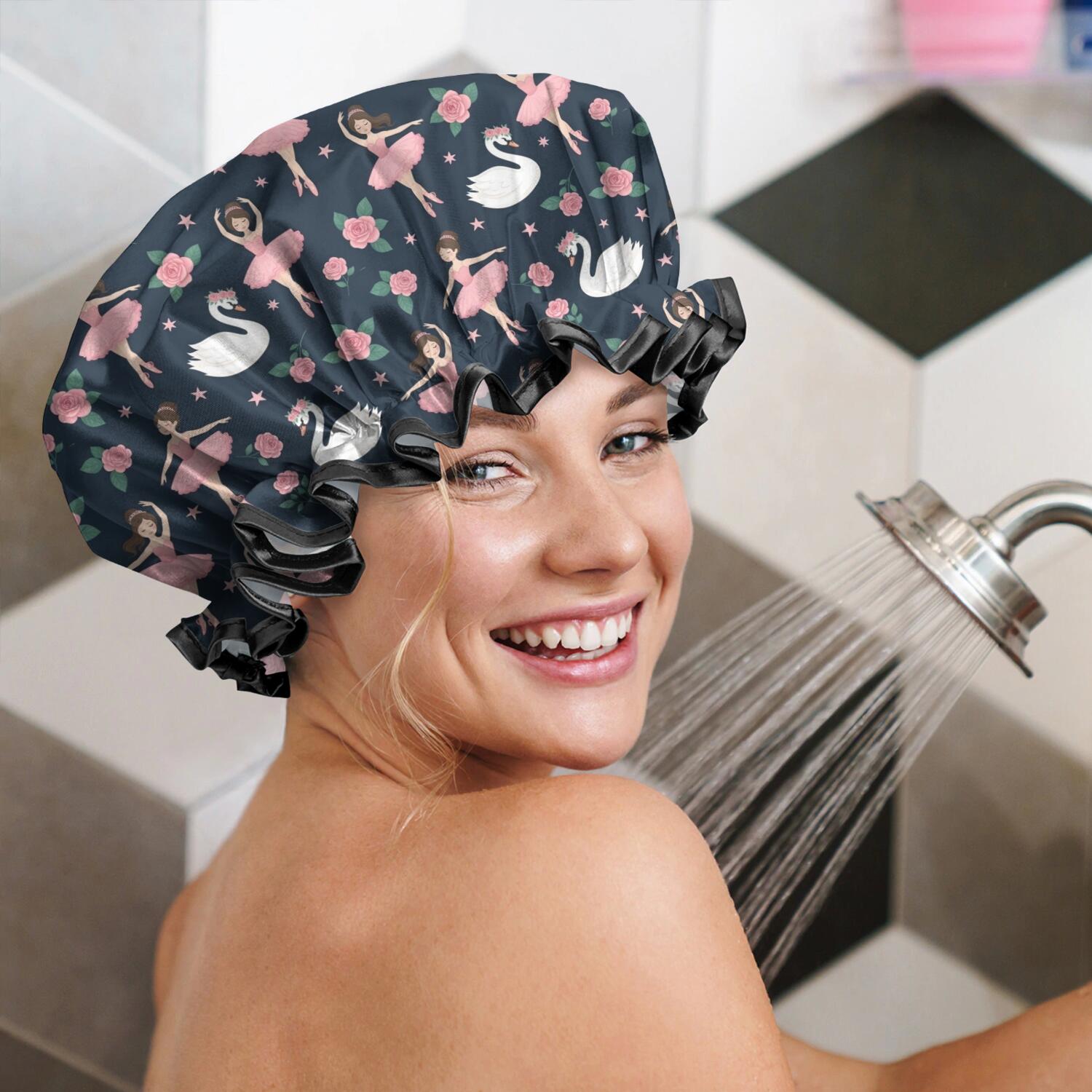 Shower Caps,Dark Blue Ballerina Swan Pattern Waterproof Shower Cap for Women 4 Pieces,Double Reusable Hair Cover for Shower PEVA Elastic Stretch Hem