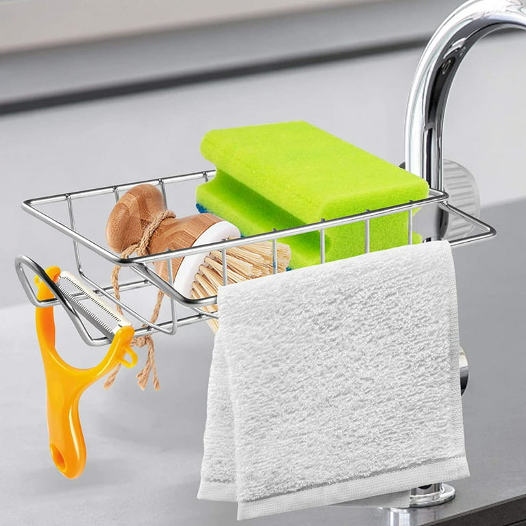  WINGSIGHT Faucet Sponge Holder Upgraded Kitchen Sink Caddy  Organizer with Dish Towels Drying Rack & Hooks Over Faucet Hanging Faucet  Drain Rack for Sink Organizer (Double-with Out Towel Rack, Silver)