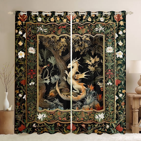 Homewish Magic Western Dragon Black Out Curtains, Rustic Plant Botanical Curtains Pack of 2 (42x63 Each), Vintage Bohemian Animal Bedroom Curtains, Black Out Curtains Bedroom Decor
