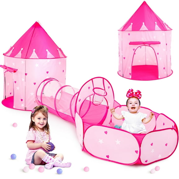 SISTICKER 3PC Princess Tent Toys for Toddlers Girls with Kids Tunnel & Baby Ball Pit Playhouse Indoor Outdoor Polyester