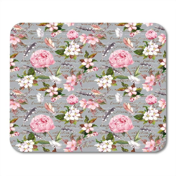 JSDART Pink Boho Peony Flowers Sakura Feathers Vintage Floral Pattern Letter Watercolor Botanic Mousepad Mouse Pad Mouse Mat 9x10 inch