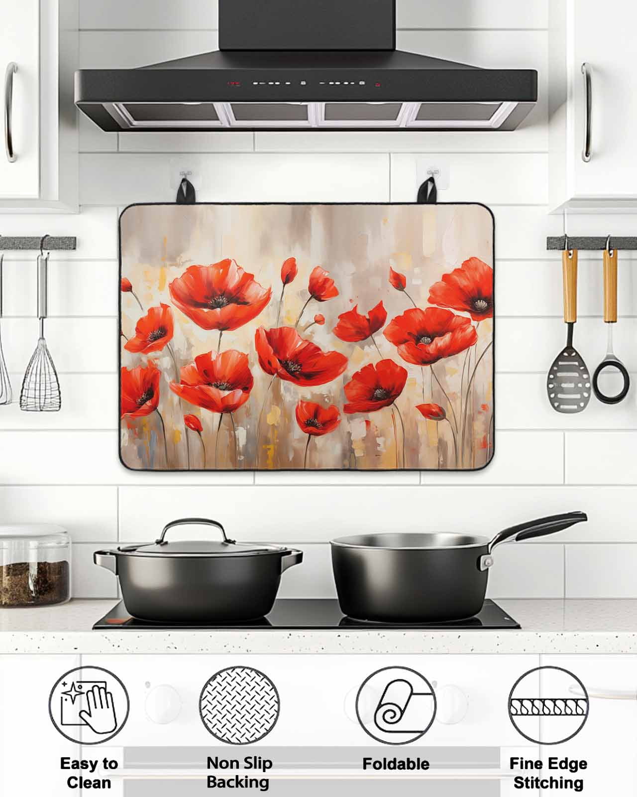 Stove Top Covers for Electric Stove, Red Spring Floral Glass Stovetop Cover Protector, Summer Botanical Watercolor Vintage Induction Cooktop Protector Oven Mat for Kitchen Countertop 24"x21"