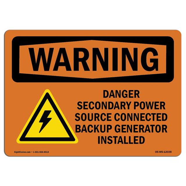 SignMission OS-WS-A-1218-L-12038 12 x 18 in. OSHA Warning Sign - Danger Secondary Power Source with Symbol