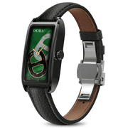 E EYAFA Women's Smart Watch, 1.13" AMOLED Touch Screen, IP68 Waterproof, Compatible with iOS & Android-Black with Black Leather Strap