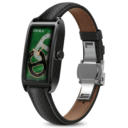 E EYAFA Women's Smart Watch, 1.13" AMOLED Touch Screen, IP68 Waterproof, Compatible with iOS & Android-Black with Black Leather Strap
