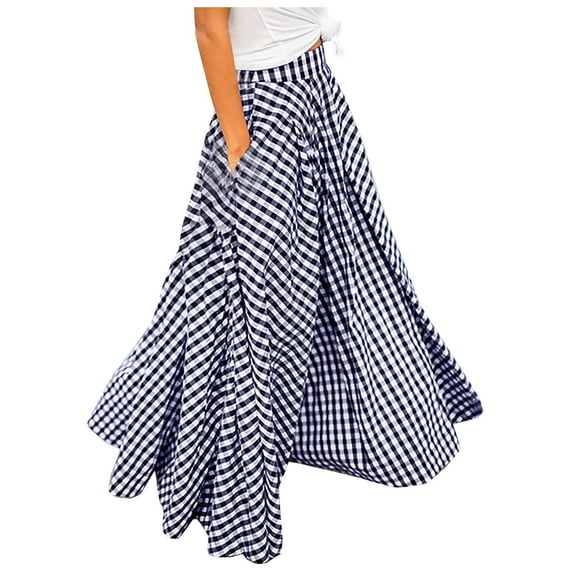 Ashirexll Maxi Skirt with Pockets, Skirts for Women Midi Length, Fashion Summer Loose Casual High Waist Plaid Print Long Skirt Blue S