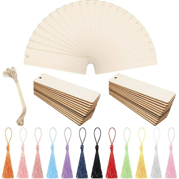 Wood Bookmark Blanks Bulk Blank Bookmarks Laser Cut Unfinished Wood Rectangle Thin Tag with Colorful Tassels and 10 Meters Ropes for DIY Craft Wedding Birthday Party Decor (24 Pieces)