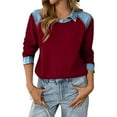 thumbnail image 2 of 2025 New Women's Denim Patchwork Sweatshirts Casual Fall Loose Sweatshirt Pullover Top Color Block Shirts Red L, 2 of 5