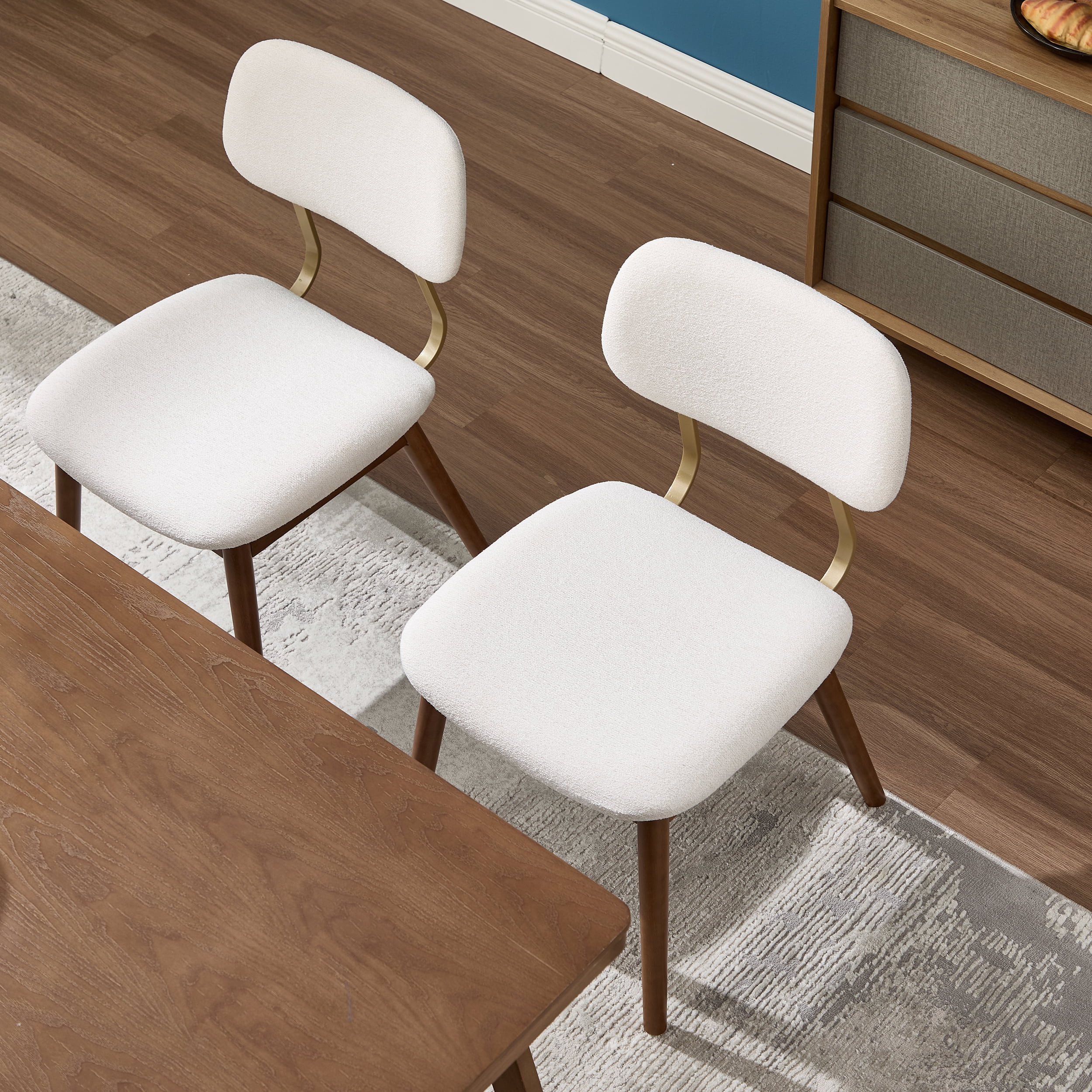 Garitin Dining Chair Set of 2 and Wooden Side Chairs, Fabric Upholstered Seating with Curved Backrest for Kitchen and Dining Room, Beige
